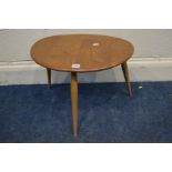 AN ERCOL BLONDE ELM PEBBLE TABLE on cylindrical tapering legs, (joint split to top)