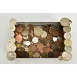 A BOX OF COINS, to include five commemorative coins such as a mounted Elizabeth II and Philip 1947-