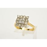 AN 18CT GOLD DIAMOND CLUSTER RING, of square design, set with sixteen round brilliant cut