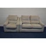 A CREAM UPHOLSTERED TWO PIECE LOUNGE SUITE, comprising a two seater settee, width 162cm and an