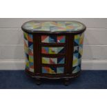 A MODERN CHEST OF FOUR DRAWERS flanked by two winged doors with later geometric wallpaper finish (