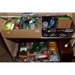 THREE BOXES OF FISHING TACKLE AND A WOODEN FLY TYING BOX, including plastic bait boxes, line,