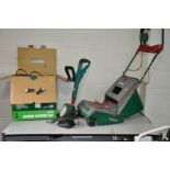 A FLYMO TURBO COMPACT 350 LAWN MOWER, a Qualcast System 300 electric lawn mower, a Bosch ART 26 Li