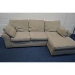 A NEXT HESSIAN UPHOLSTERED CORNER SOFA, width 250cm x corner depth 154cm