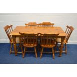 A MODERN PINE KITCHEN TABLE, length 150cm x depth 80cm x height 73cm and six chairs (7)