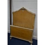 A CREAM FINISH BURR WALNUT SINGLE BED FRAME with irons