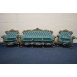 A 20TH CENTURY GILT ON PLASTER ITALIAN THREE PIECE LOUNGE SUITE, with buttoned blue upholstery,