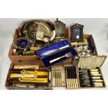 A MISCELLANEOUS SELECTION OF METALWARE, to include a silver mounted scroll detailed photo frame,