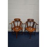 A NEAR PAIR OF MID TO LATE 20TH CENTURY ORIENTAL HARDWOOD CORNER CHAIRS, with mother of pearl