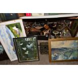 TWO BOXES OF TREEN, METALWARES AND LOOSE PICTURES AND PRINTS, TERRARIUM, etc, including a nativity