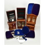 A SELECTION OF JEWELLERY BOXES AND DISPLAY STANDS, to include three wooden and glass drawer