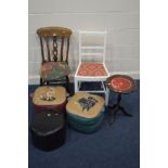 TWO LEATHERETTE POUFFES depicting animals together with another black pouffe, a wine table, beech