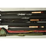 A GROUP OF FISHING RODS, comprising a Pool 12 SSR 8' 6'', three piece rod in cloth bag and a carry