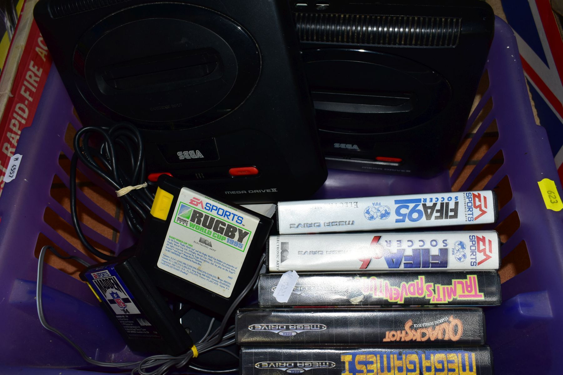 TWO TRAYS, containing Sony Playstation. two controllers and games, two Sega/Mega Drive II machines - Image 3 of 4