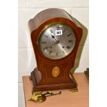 AN EDWARDIAN MAHOGANY INLAID MANTEL CLOCK, the dial having Roman numerals, movement stamped 'Astral,