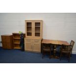 A 1940'S OAK GATE LEG TABLE and four chairs, together with a modern beech finish double door
