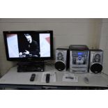A SAMSUNG LE32R87BD FLAT SCREEN TV, with remote, a Panasonic DMR EZ48V DVD video recorder with