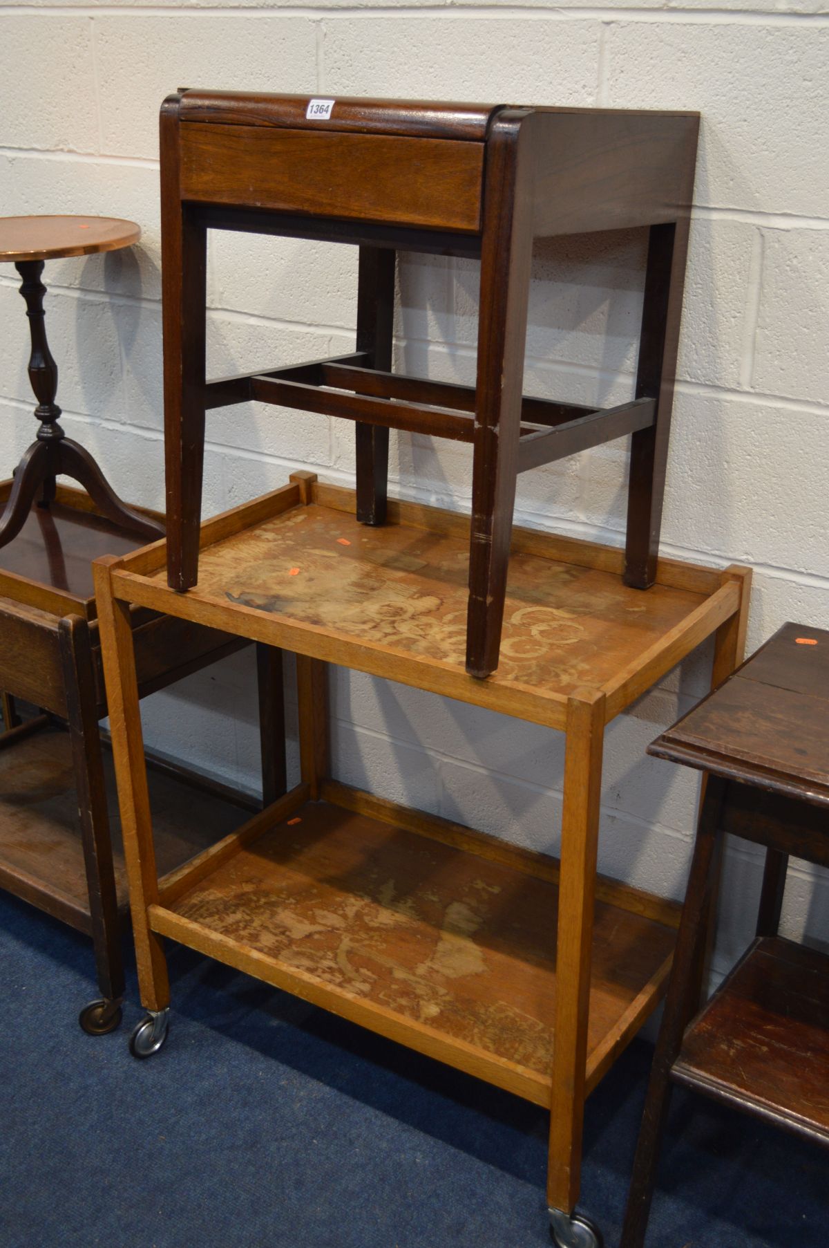 A QUANTITY OF OCCASIONAL FURNITURE, to include two oak occasional tables, two tea trolleys, two fire - Image 3 of 4