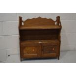 AN EARLY 20TH CENTURY OAK ARTS AND CRAFTS HANGING BOOKSHELF with a two door cupboard