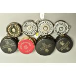 FOUR HARDY BROTHERS FLY FISHING REELS IN POUCHES, comprising Marquis #6, Marquis #7 (well used), The