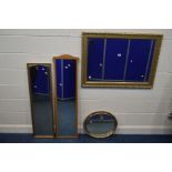 A MODERN GILT WOOD BEVELLED EDGE WALL MIRROR, 106cm x 75cm, together with a long oak rectangular