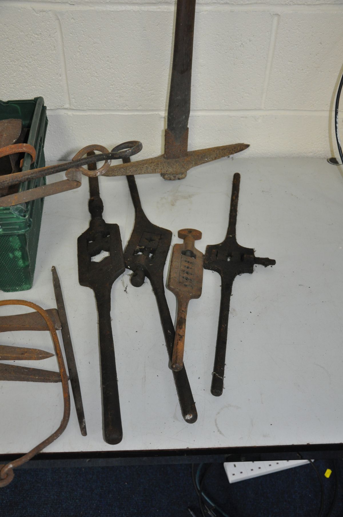 A TRAY CONTAINING VINTAGE TOOLS, door furniture, and fire furniture, including tap wrenches, show - Image 2 of 4