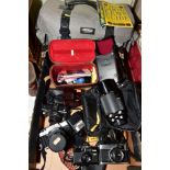 A BOX OF CAMERAS AND PHOTOGRAPHIC EQUIPMENT AND A FOTIMA CAMERA BAG, including a Minolta X-380