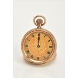A 12CT GOLD OPEN FACED LADIES POCKET WATCH, gold coloured floral embossed dial, Roman numerals, blue