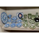 WEDGWOOD GREEN AND BLUE JASPERWARES, to include vases, trinket dishes, storage box with lid, plate