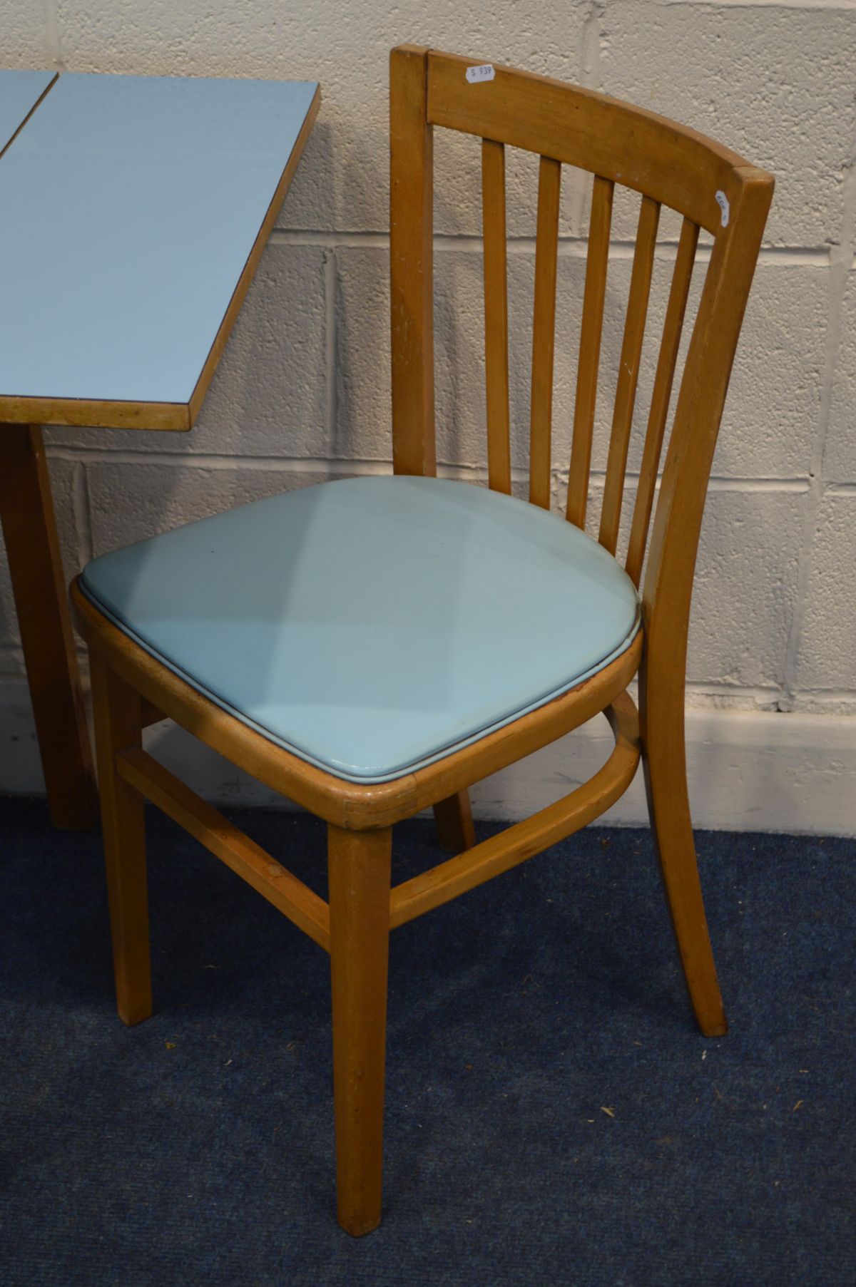 A MID 20TH CENTURY LIGHT BLUE FORMICA TOPPED EXTENDING KITCHEN TABLE, on a beech frame and a pair of - Image 2 of 2