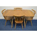 AN ERCOL BLONDE ELM AND BEECH MODEL 383 DROP LEAF DINING TABLE on square outsplayed tapering legs,