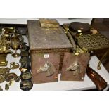 A COLLECTION OF BRASSWARE, including an embossed brass coal box, brass footman, horse brasses, brass