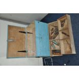 A VINTAGE PLYWOOD TOOL CHEST with two partitioned trays containing carpentry tools including Disston