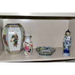 FOUR PIECES OF MODERN CHINESE POTTERY AND PORCELAIN, including a handpainted blue and white Ming