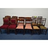 FOUR VICTORIAN MAHOGANY SABRE LEG CHAIRS, together with four Edwardian dining chairs and two pairs