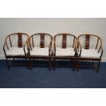 A SET OF FOUR MID TO LATE 20TH CENTURY ORIENTAL HARDWOOD ARMCHAIRS with a splat back (glued dried to
