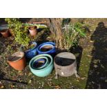 SEVEN MODERN GLAZED PLANT POT'S AND A TINPLATE CAULDREN with plants in two, the largest green