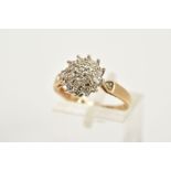 A 9CT GOLD DIAMOND CLUSTER RING, the tiered cluster set with single cut diamonds, single cut diamond