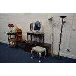 A MODERN TV CABINET with a reproduction glass top nest of three, nest of three, mini oak draw leaf