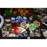 FIVE BOXES OF CERAMICS AND METALWARE, including Royal Doulton Series ware plates, Masons Vista