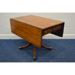 A GEORGIAN WALNUT AND ROSEWOOD CROSSBANDED PEDESTAL PEMBROKE TABLE, single drawers at each end