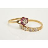 A 9CT GOLD RUBY AND DIAMOND CLUSTER RING AND A DIAMOND HALF ETERNITY RING, the ruby and diamond