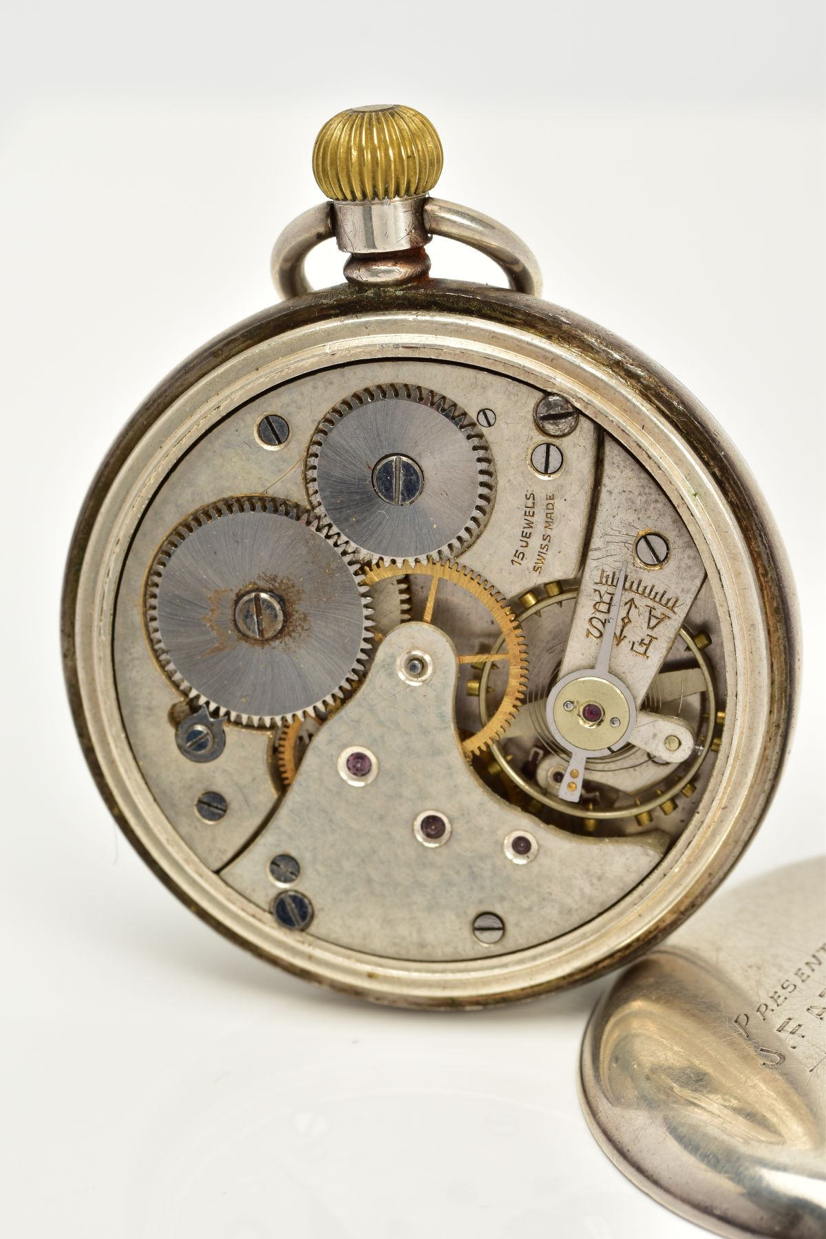 A SILVER POCKET WATCH, white dial, Arabic numerals, black hands, second subsidiary dial at the six - Image 3 of 3