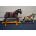 AN UPHOLSTERED ROCKING HORSE on a pine frame (missing brackets) together with a painted and