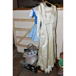 A CIRCA 1970'S CREAM WEDDING DRESS AND VEIL, together with a Fiorelli handbag, Berghams and MTB