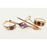 A COLLECTION OF JEWELLERY TO INCLUDE, an amethyst, split pearl bar brooch, stamped '9c', a garnet
