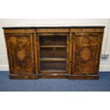 A VICTORIAN INVERTED BREAKFRONT BURR WALNUT CREDENZA, ebonised moulded top edge, inlaid marquetry