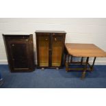 A 20TH CENTURY OAK BARLEY TWIST GATE LEG DINING TABLE, together with a stained pine glazed double