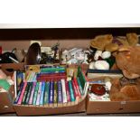 SEVEN BOXES OF SUNDRY ITEMS, to include Ivory clothes brushes in a leather case, vintage Rabone