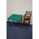 AN EDWARDIAN MAHOGANY METAMORPHIC HIGH CHAIR and a folding games table (2)